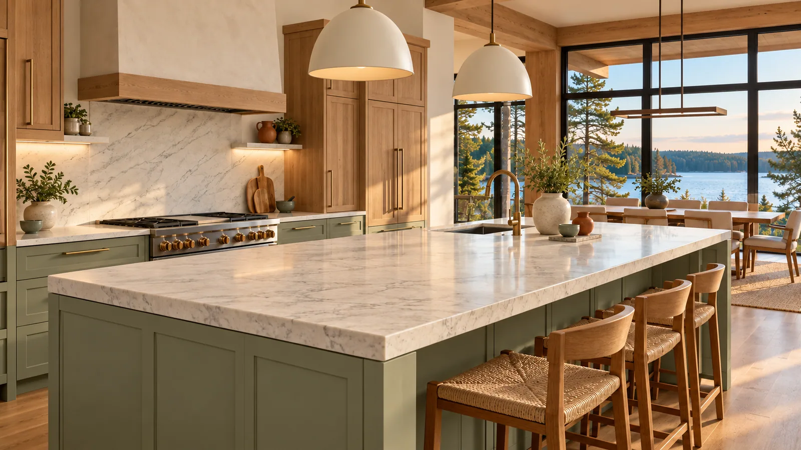 Pale stone island with sage cabinetry and warm timber in a lakeside cottage kitchen.