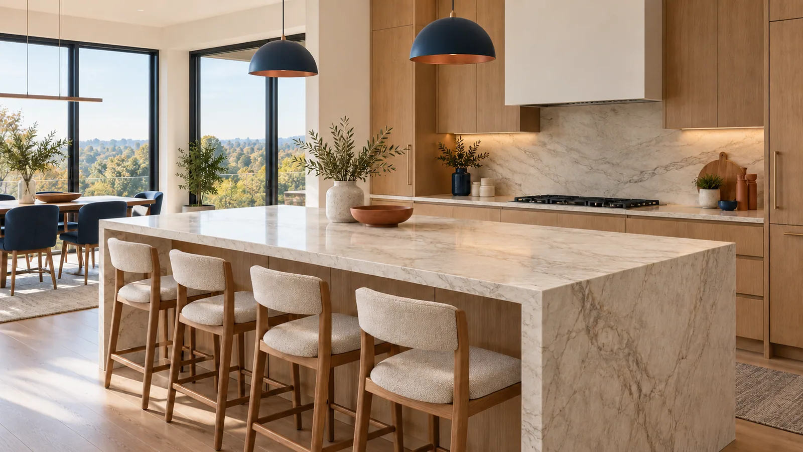 Pale stone kitchen island with warm oak cabinetry and navy pendant lights.