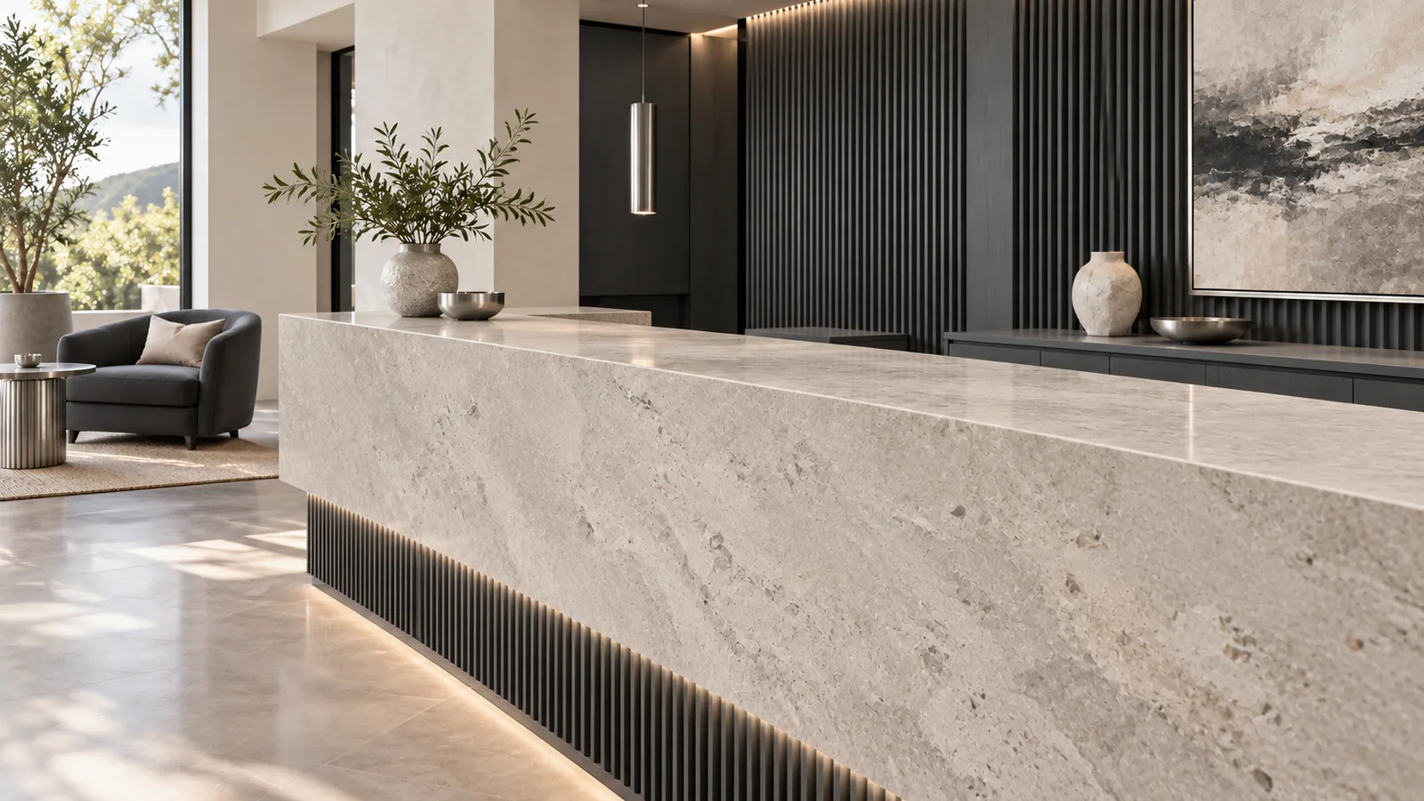 Light limestone reception counter with charcoal panelling and brushed silver accents.